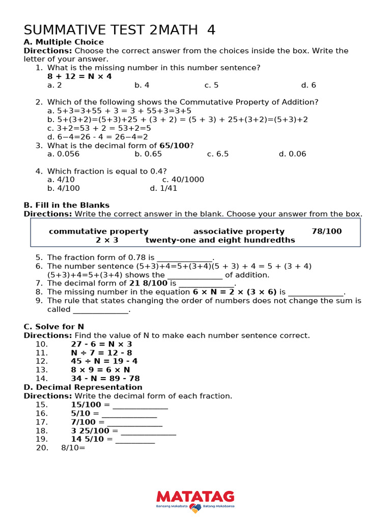 Math 4 Summative 02 | PDF | Numbers | Summation