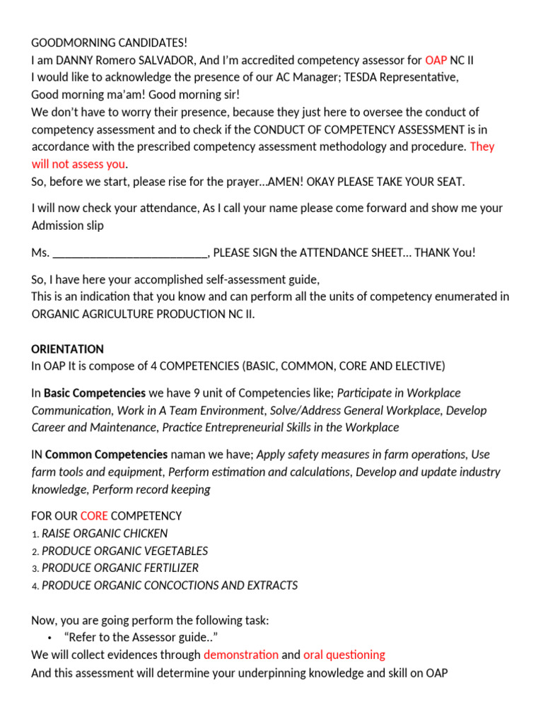 Assessment Script For OAP | PDF