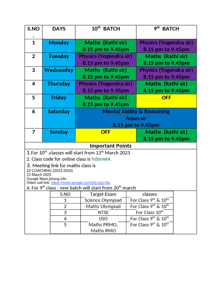 Coaching Time Table and Brochure | PDF