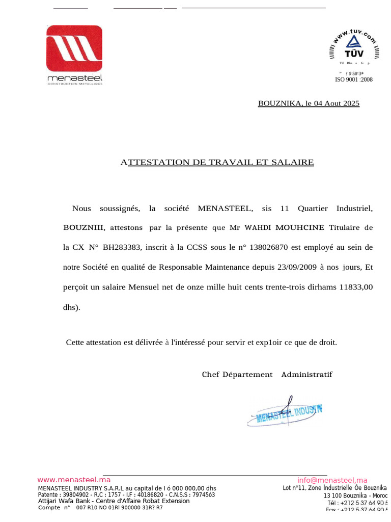 Attestation de Travail Wardi | PDF