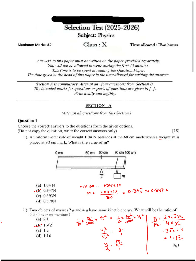 10 Physics Selection Test (1) - Answers | PDF