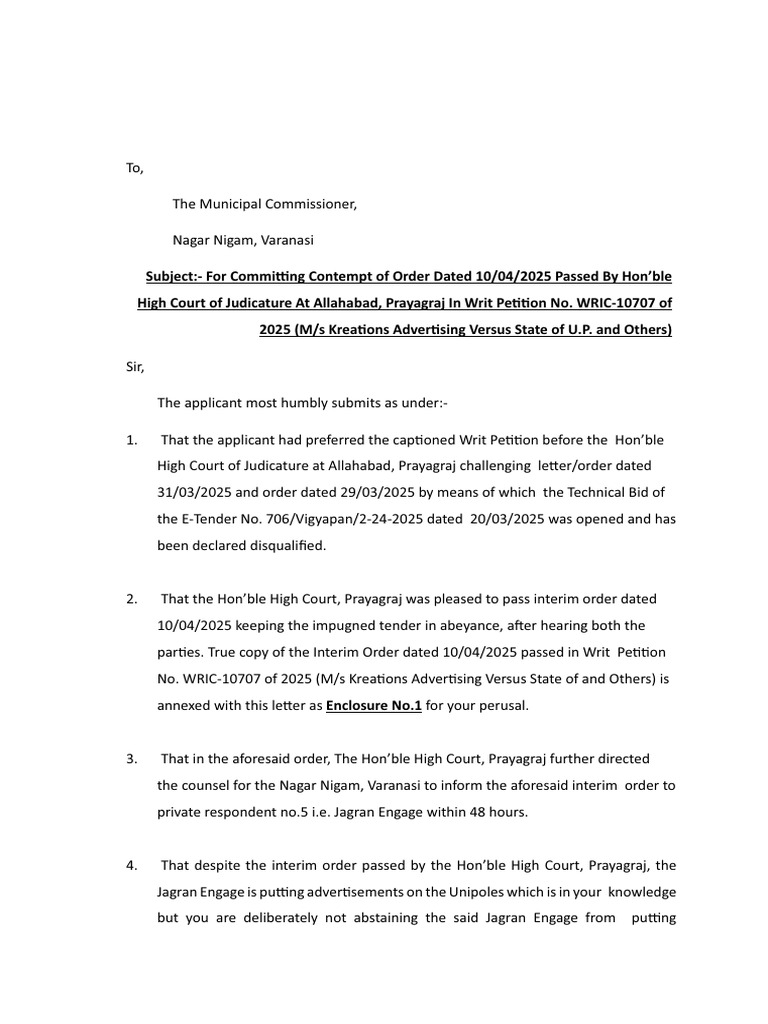 Notice NN Varanasi Contempt | PDF