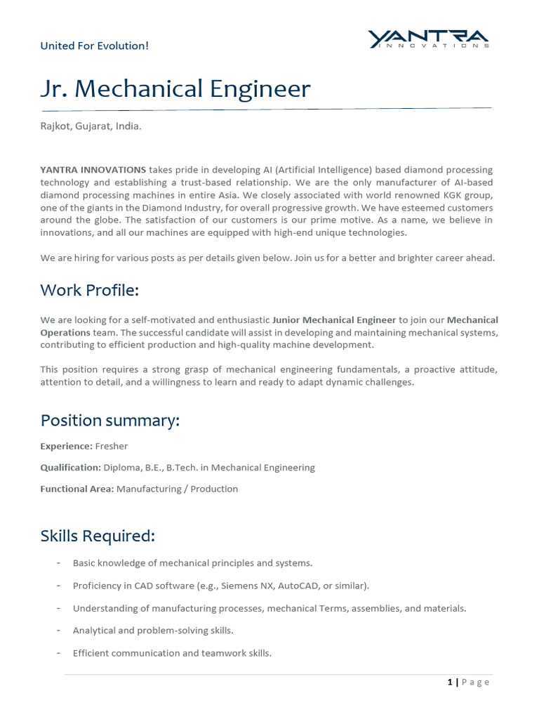 Jr. Mechanical Engineer Job Profile | PDF | Mechanical Engineering ...