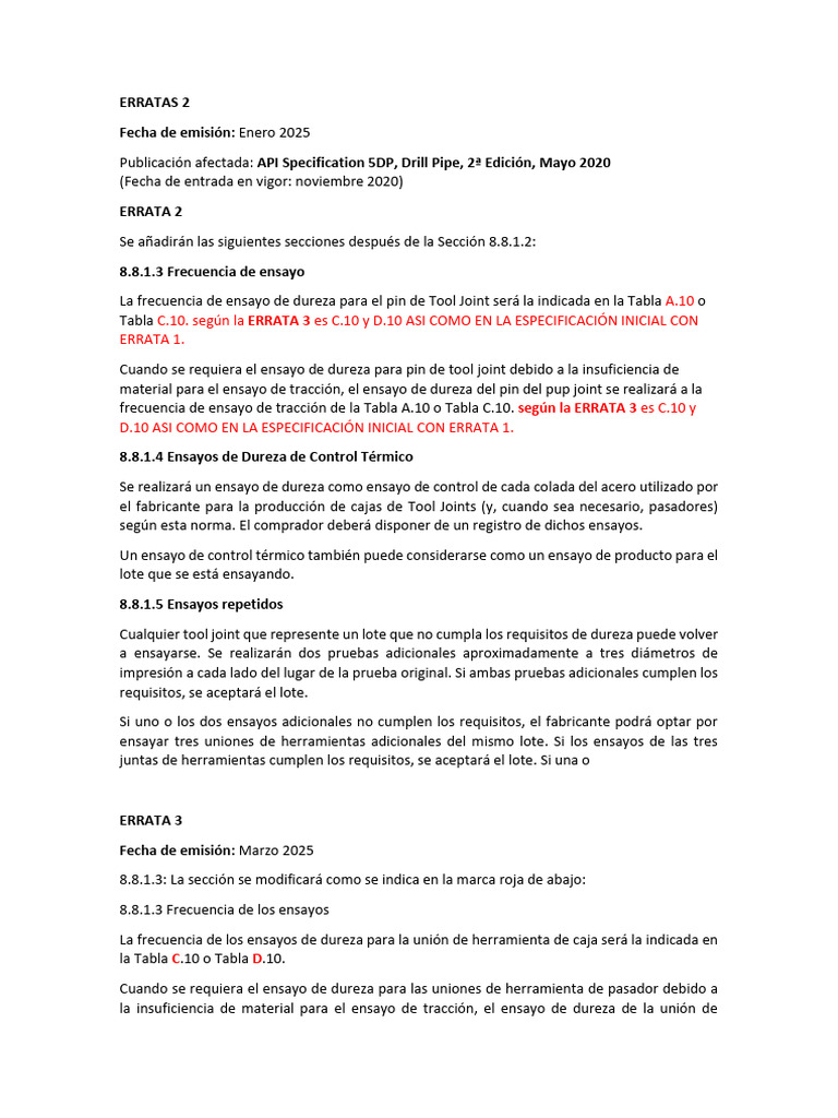 API 5dp Errata 2 Ene & Errata 3 Marzo 2025 Español. | PDF