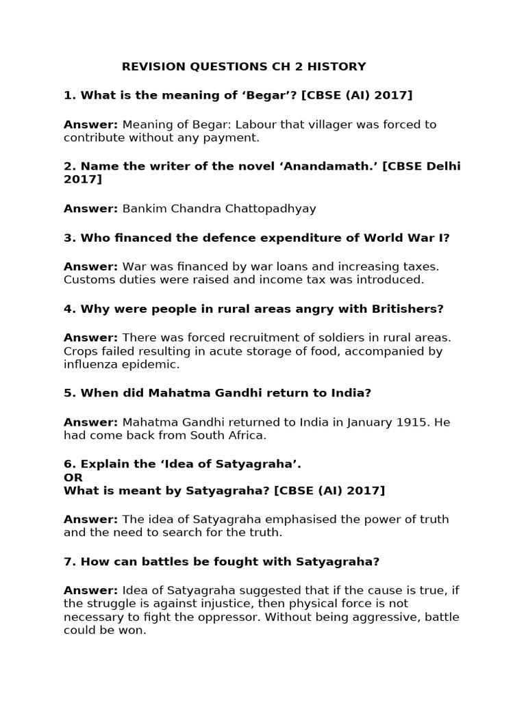 Revision Questions CH 2 History | PDF | Mahatma Gandhi | British India
