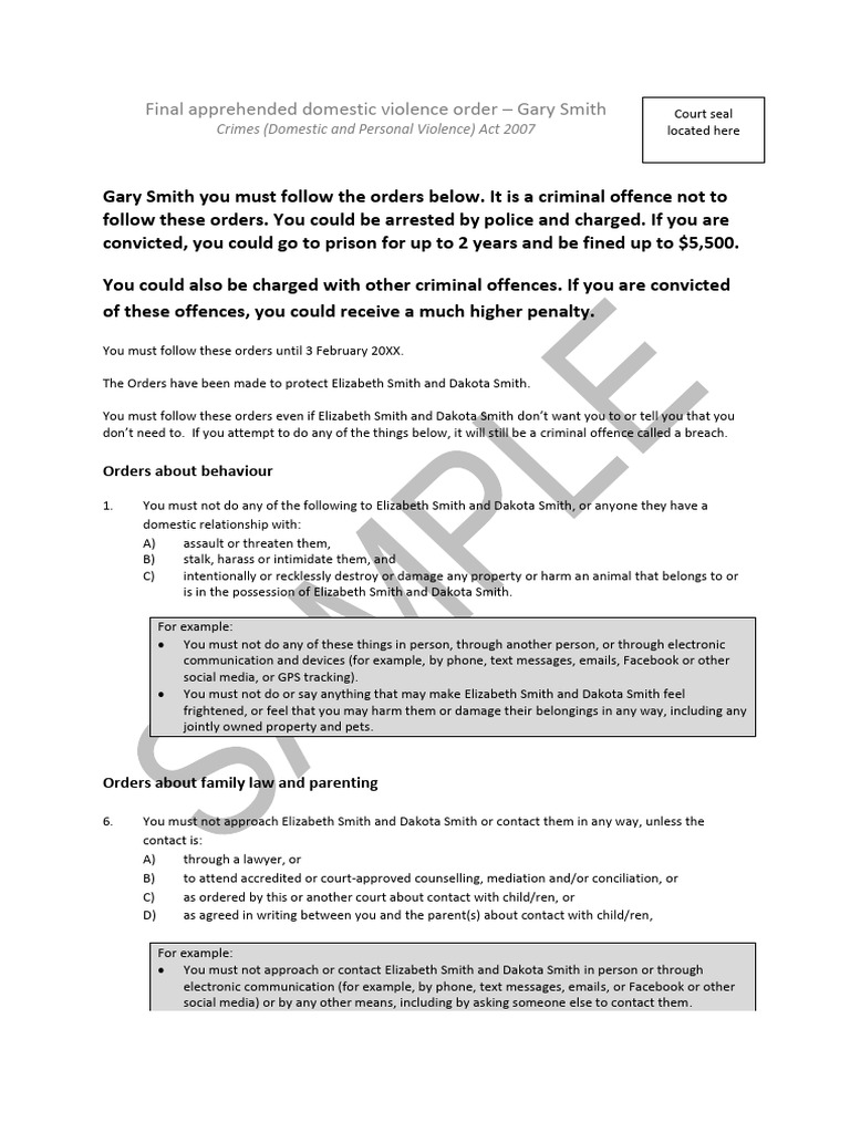 Sample Final Apprehended Domestic Violence Order Defendant | PDF ...