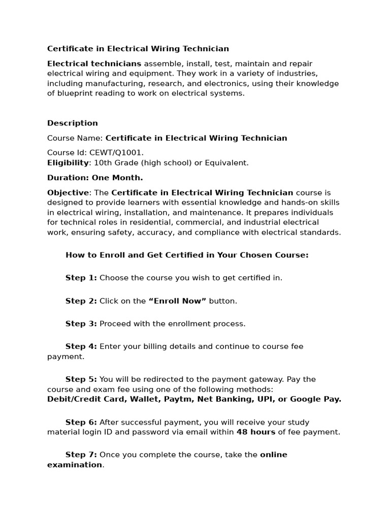 Certificate in Electrical Wiring Technician | PDF | Electrical Wiring ...