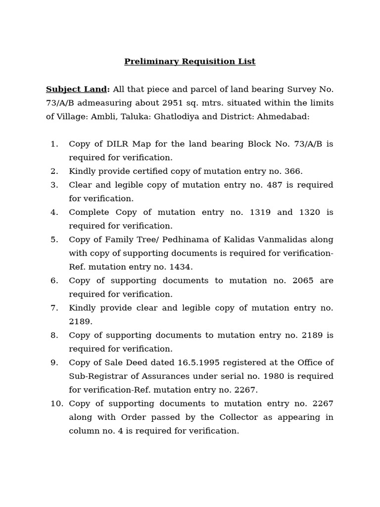 Preliminary Requisition List Block No. 73 A B - Ambli 22.08.2023 | PDF ...
