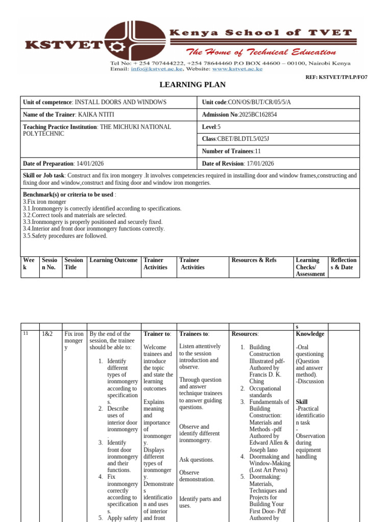 LEARNING PLAN WK 11 INSTALL 1&2AutoRecovered) | PDF | Door | Window