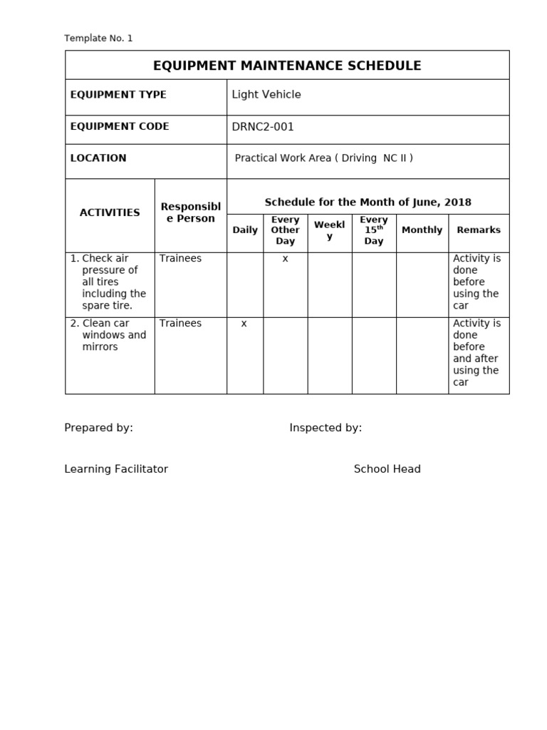 Equipment Maintenance Schedule Portrait New Right One | PDF