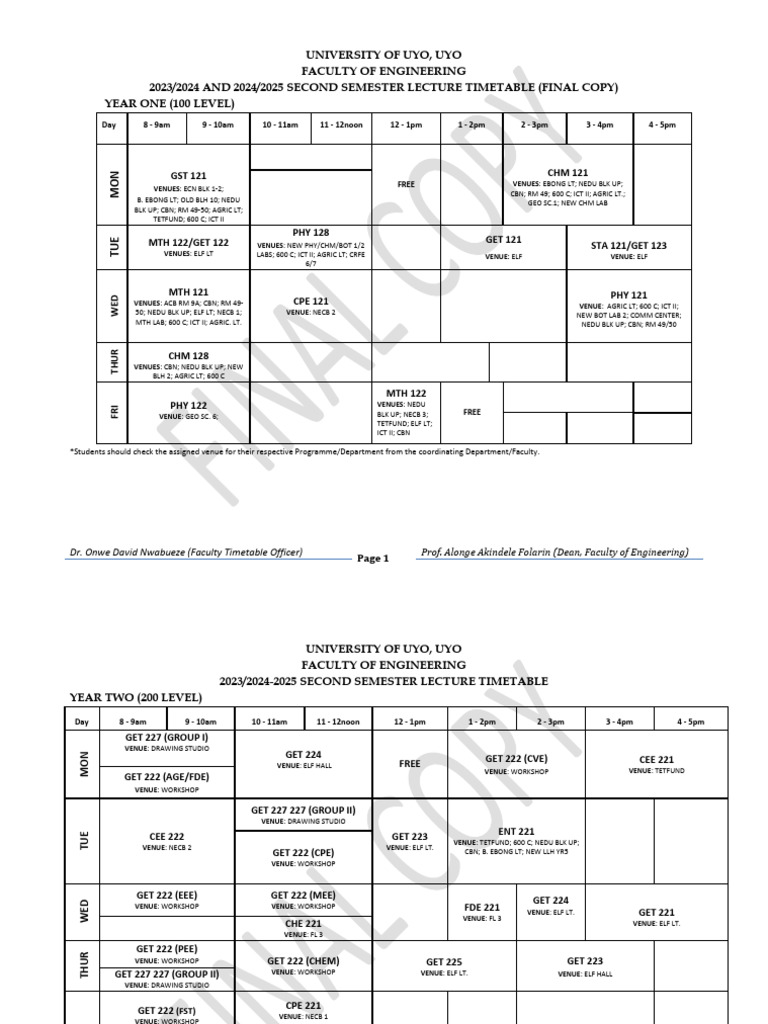 2023-2025 Second Semester Timetable Final | PDF
