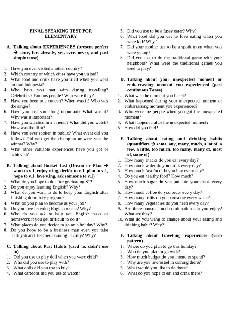Final Speaking Test For Elementary | PDF