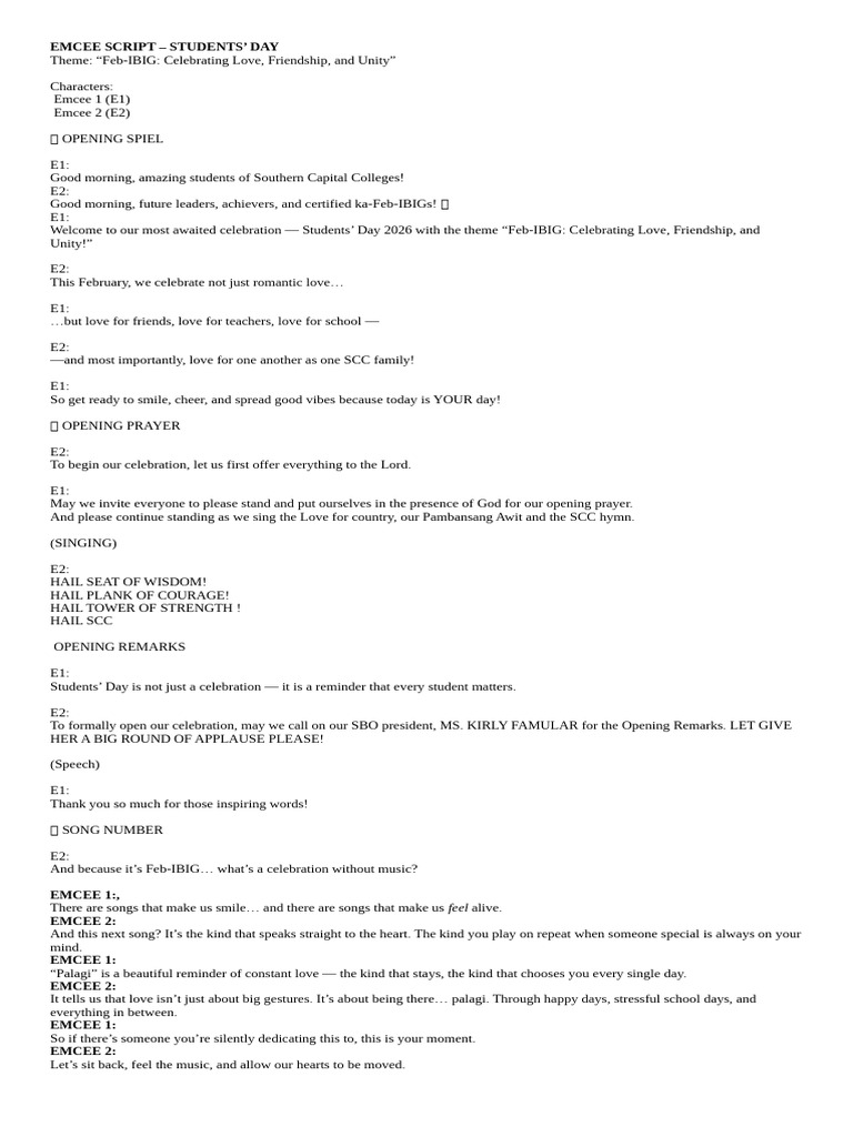 Emcee Script - Students' Day | PDF