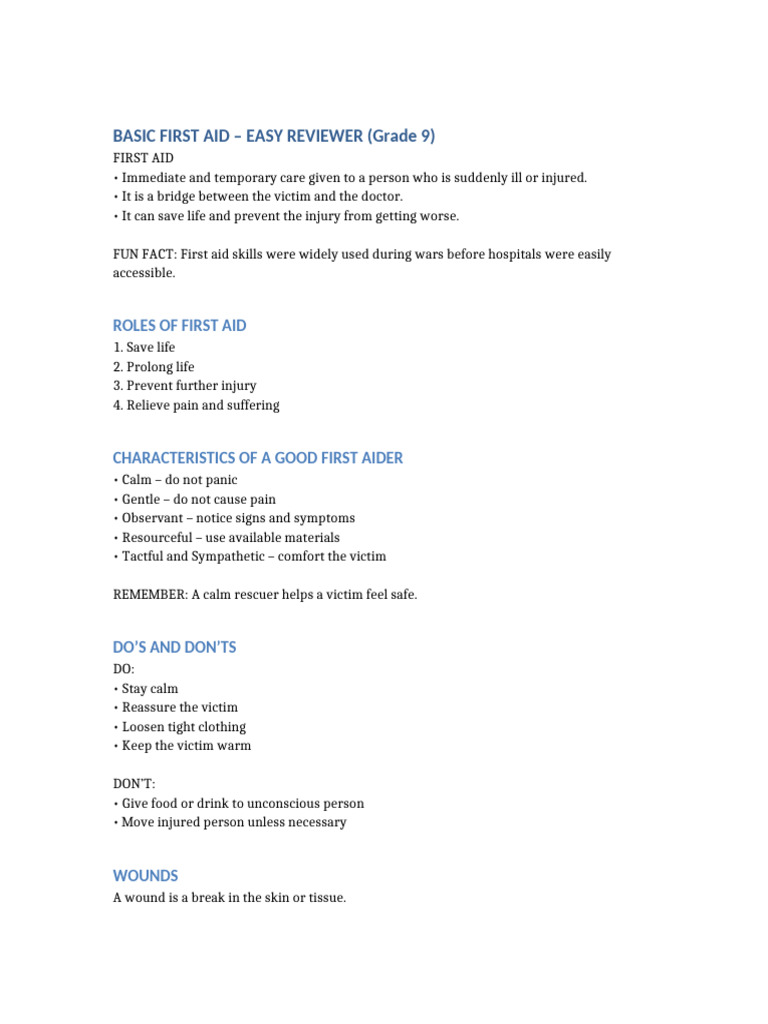 First Aid Reviewer Grade 9 | PDF
