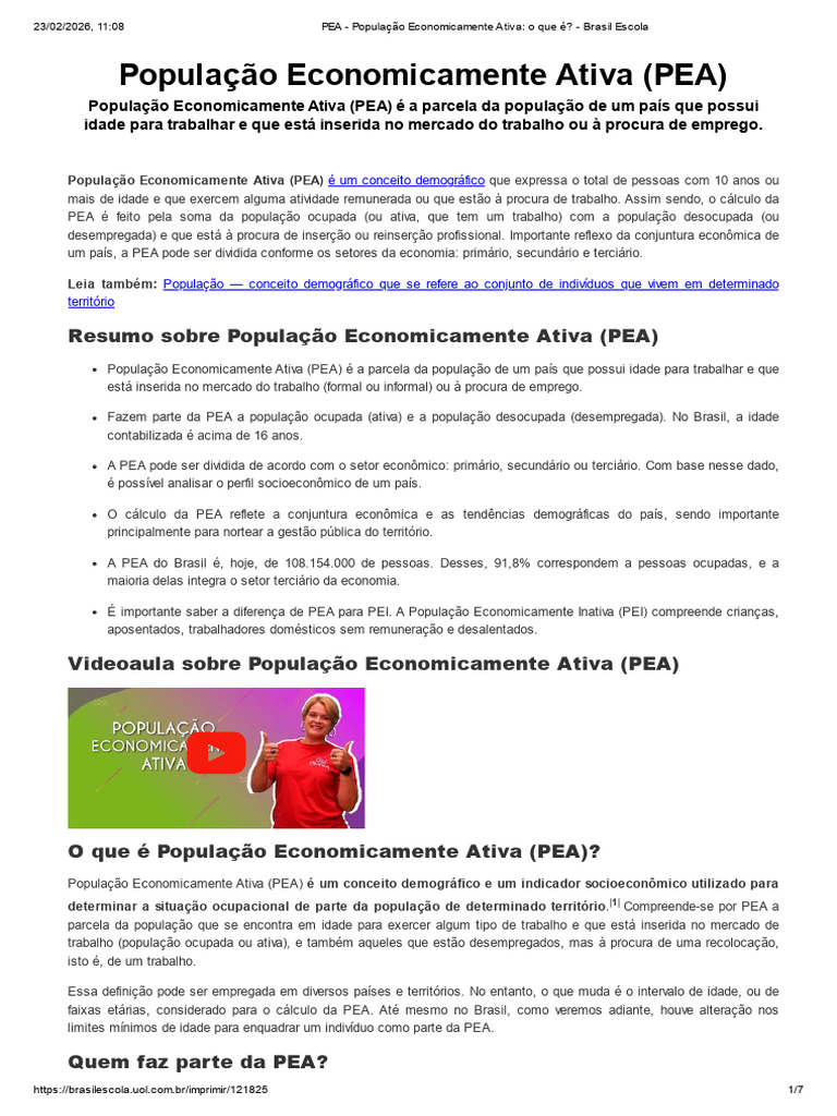 PEA - População Economicamente Ativa - o Que É - Brasil Escola | PDF ...
