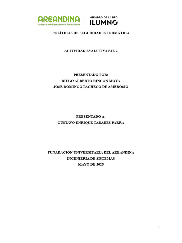 Actividad Evaluativa Eje 2 Políticas de Seguridad Informática | PDF ...