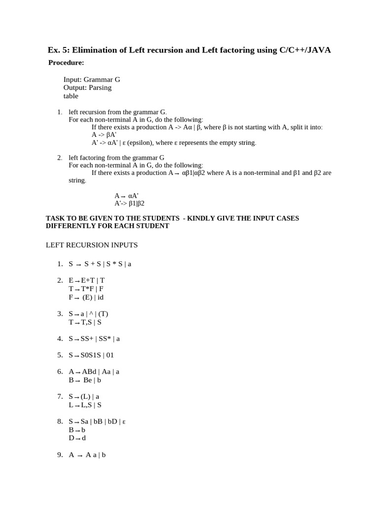 Ex. 5: Elimination of Left Recursion and Left Factoring Using C/C++ ...