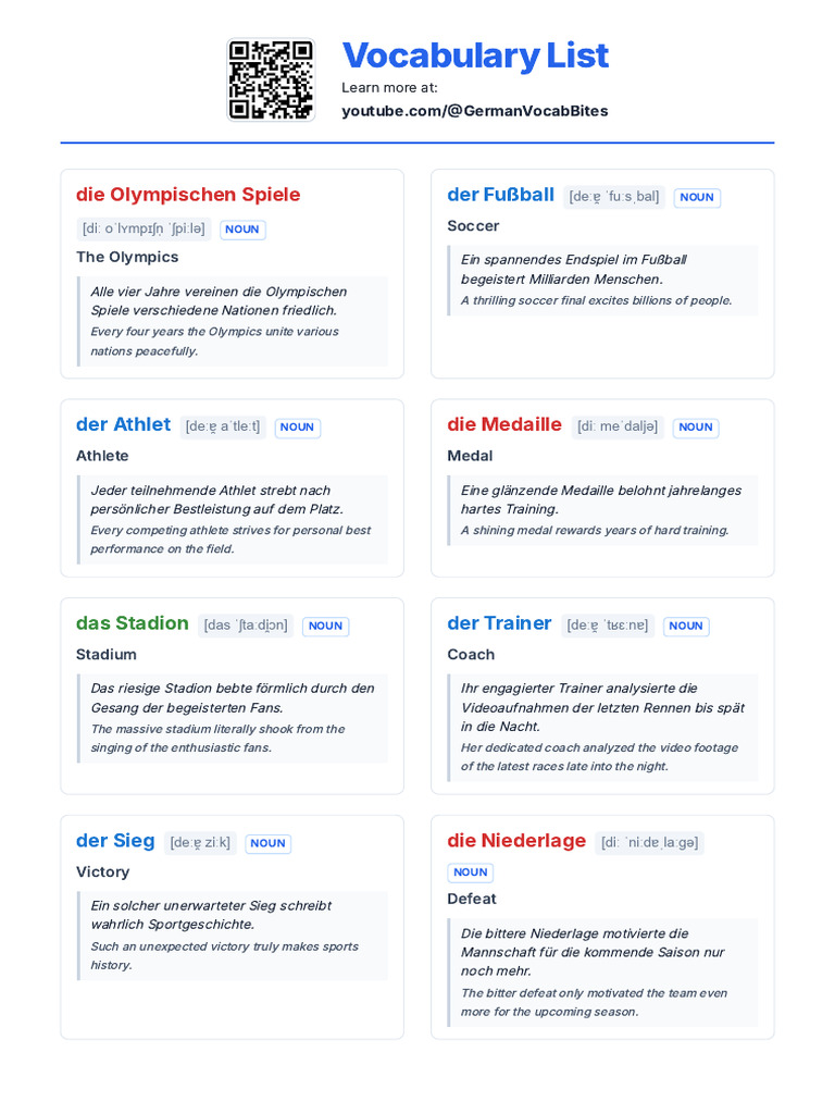 74 German Words For The Olympics - A2 German Vocabulary | PDF