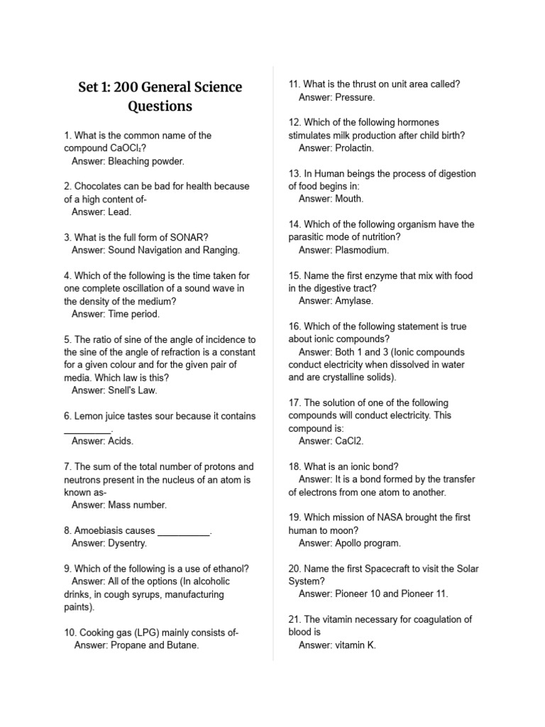 General Science Questions | PDF | Chemical Elements | Water