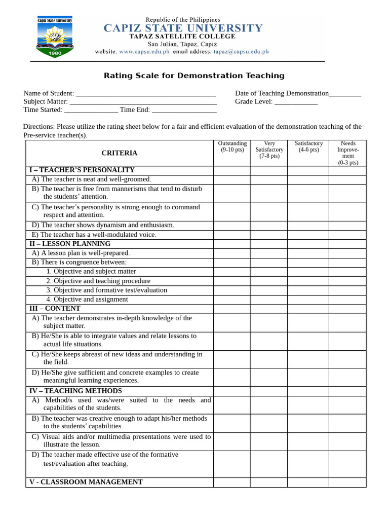 ENHANCED Rating Scale For Demo Teaching Lesson Plan | PDF | Lesson Plan ...