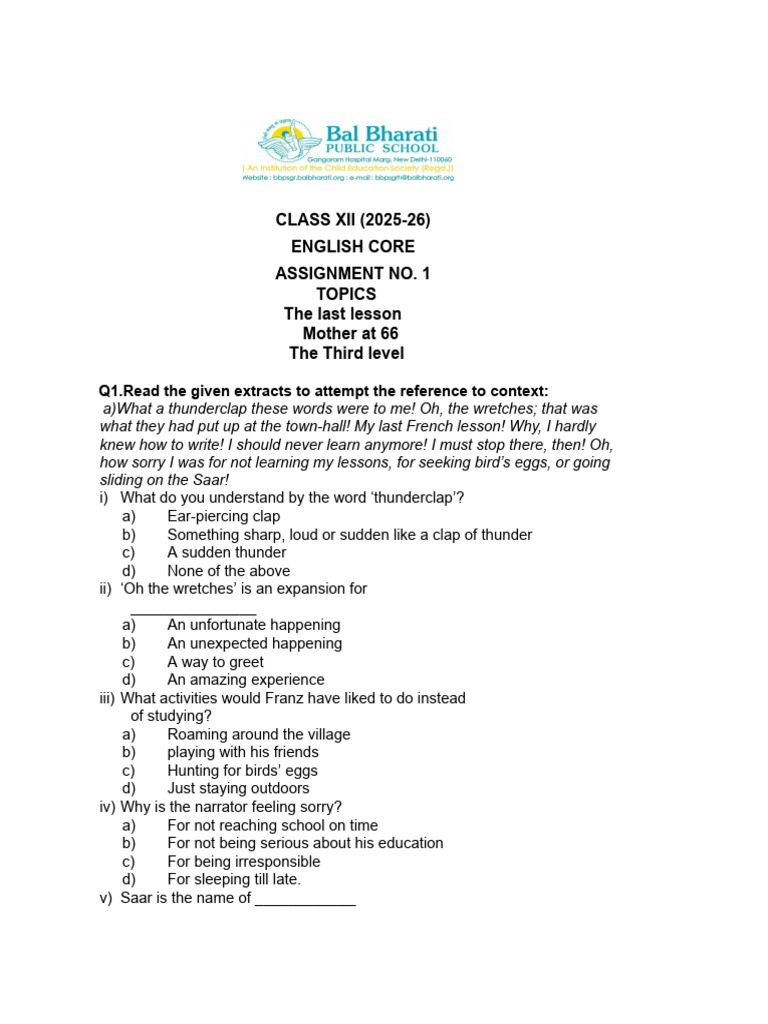 XII - English - Assignment No.1 | PDF