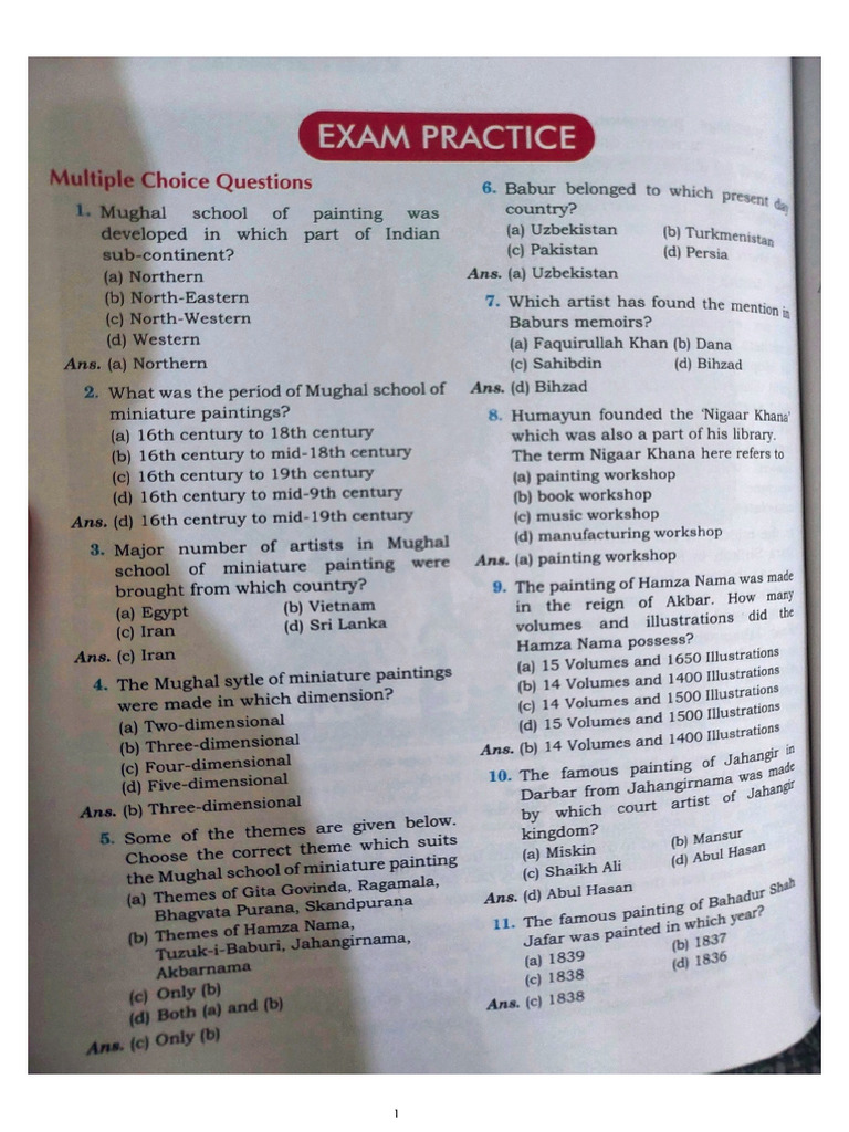 Practice Paper of Ch3 - Mughal School | PDF
