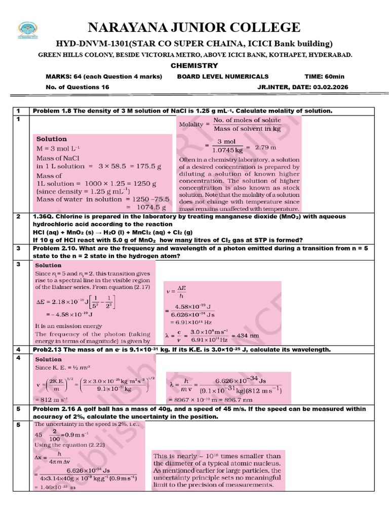 CHEMISTRY PRE FINAL 2 Numericals Solutions | PDF | Chemical Equilibrium ...