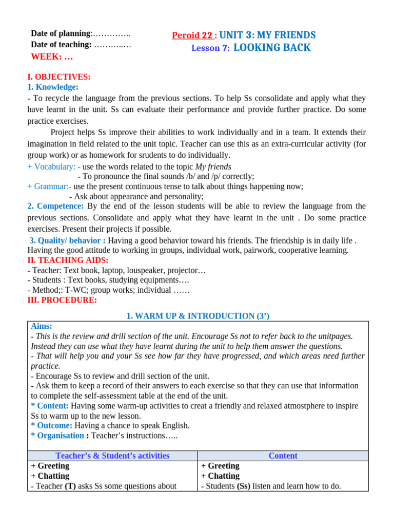 Unit 3 - Lesson 7 - Looking Back | PDF | Teachers | Learning