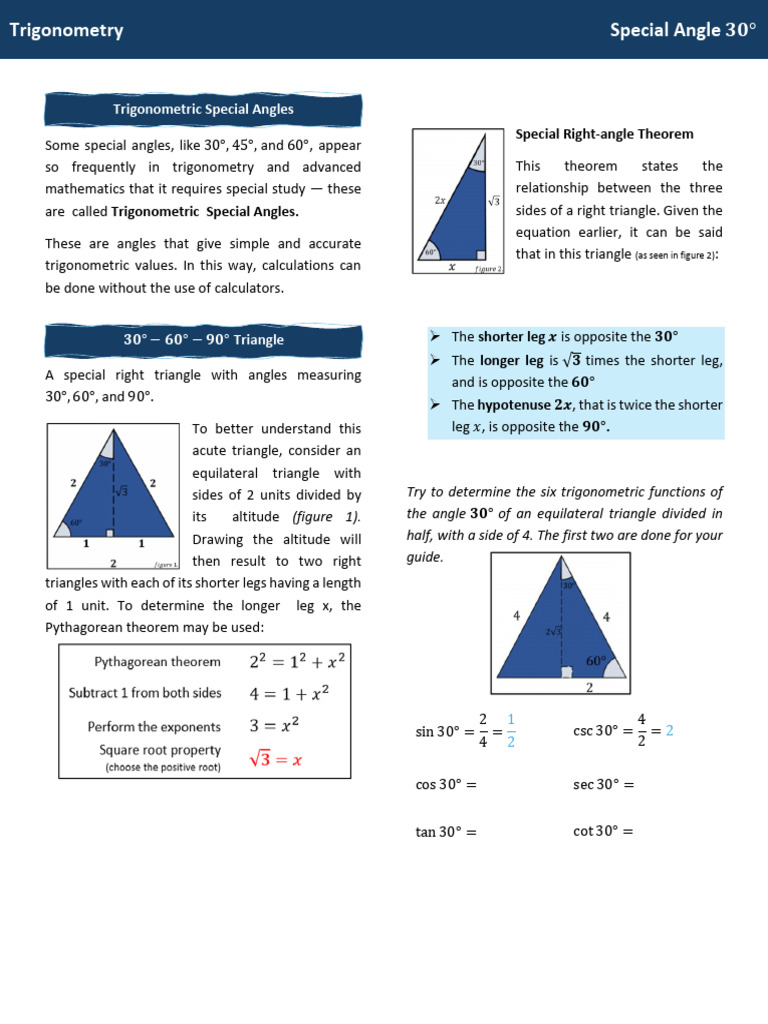 Trigonometry Notes - Special Angle | PDF | Trigonometry | Triangle