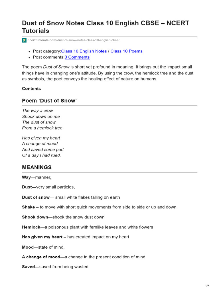 Dust of Snow Notes Class 10 English CBSE - NCERT Tutorials | PDF