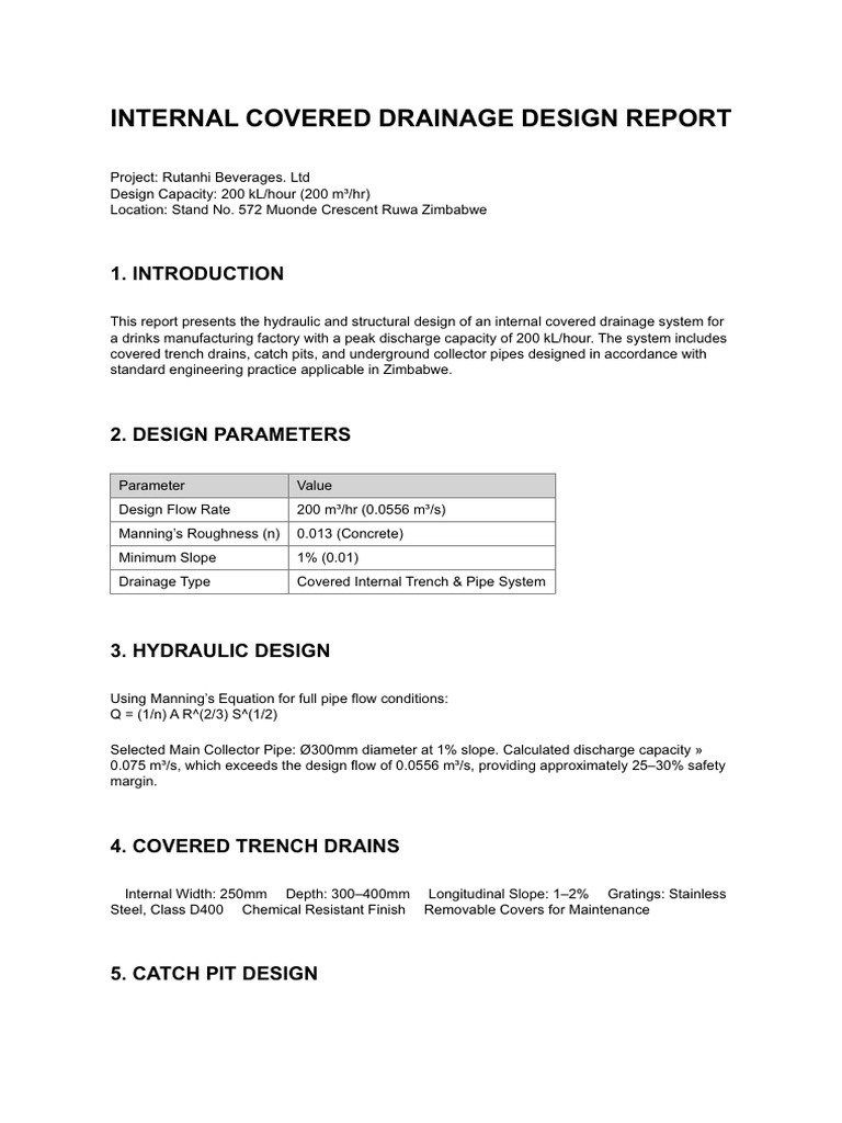 Internal Covered Drainage Design Report | PDF | Storm Drain | Pipe ...