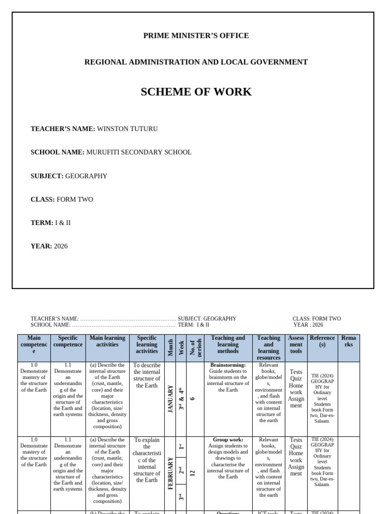 Geography Form 2 Scheme 2026-1 | PDF | Earth | Geography