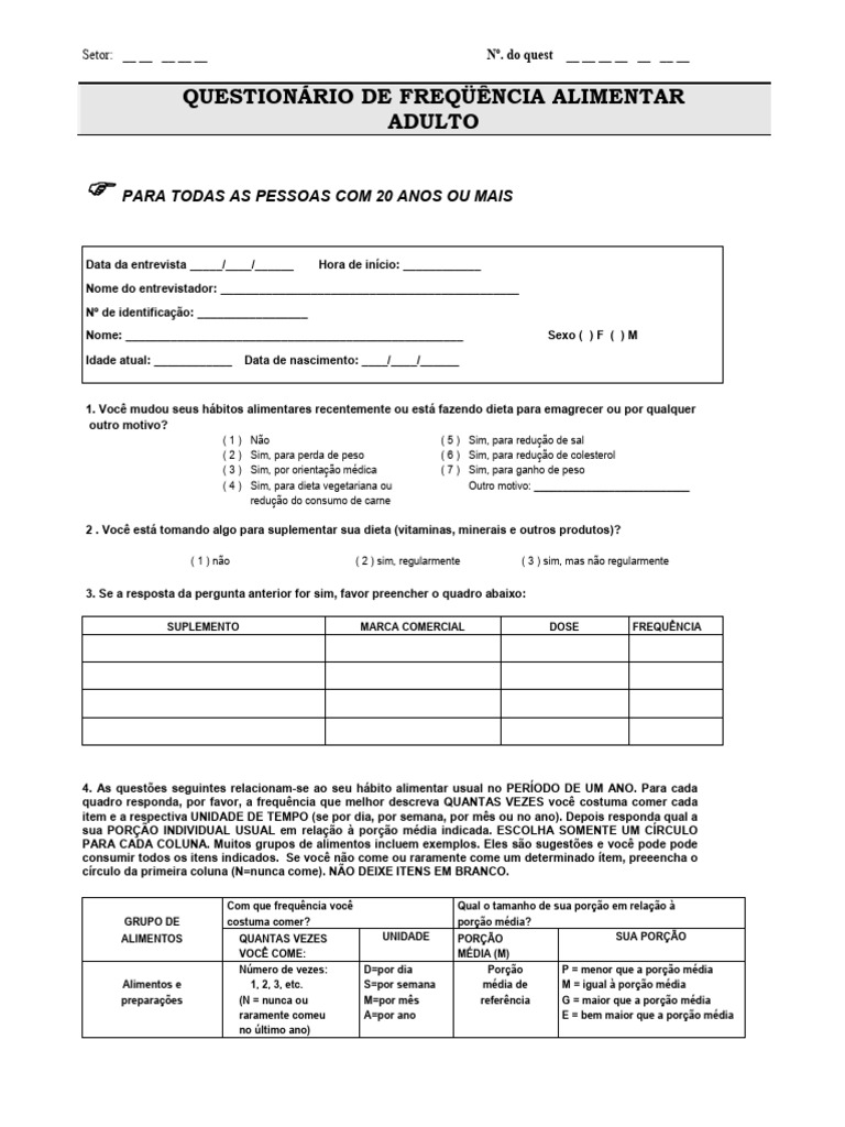 QFA Questionario de Frequencia Alimentar - Adulto | PDF | Creme ...