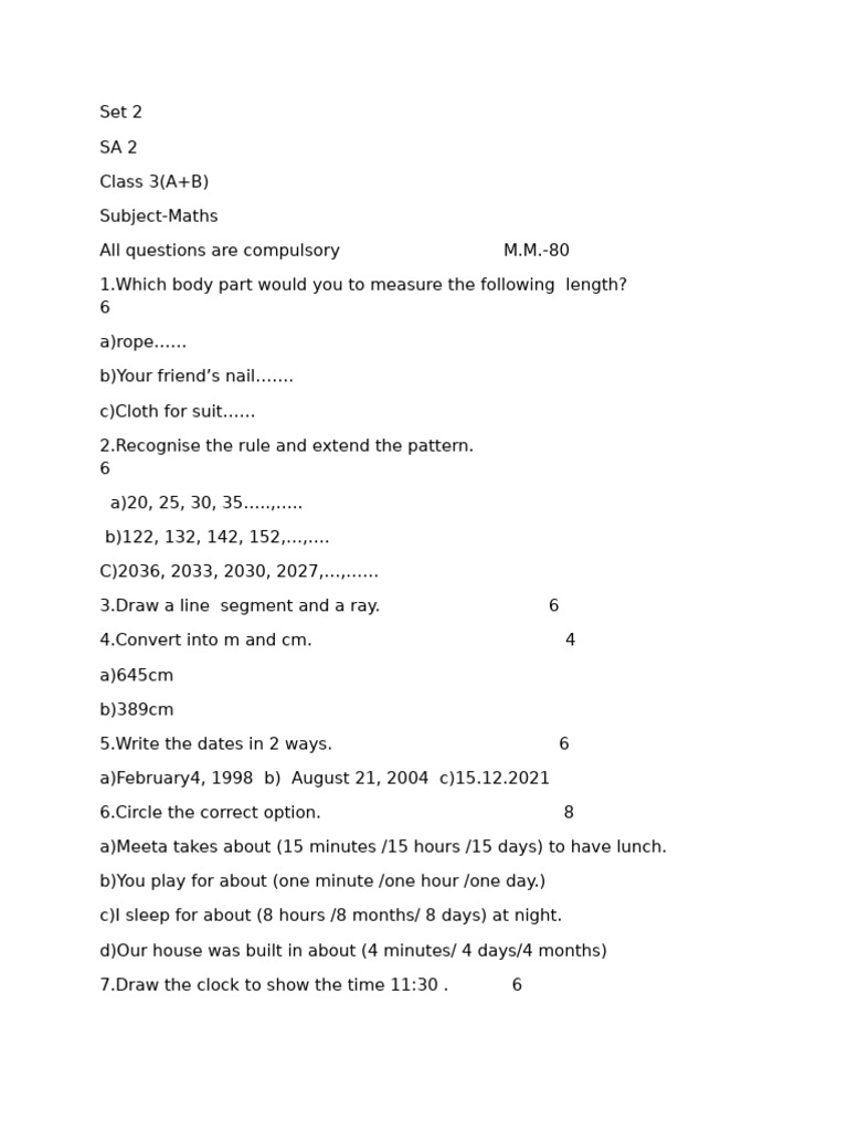 Sa 2, Set 2 Class III (A+b) Subject-Maths Gurmeet Mam | PDF