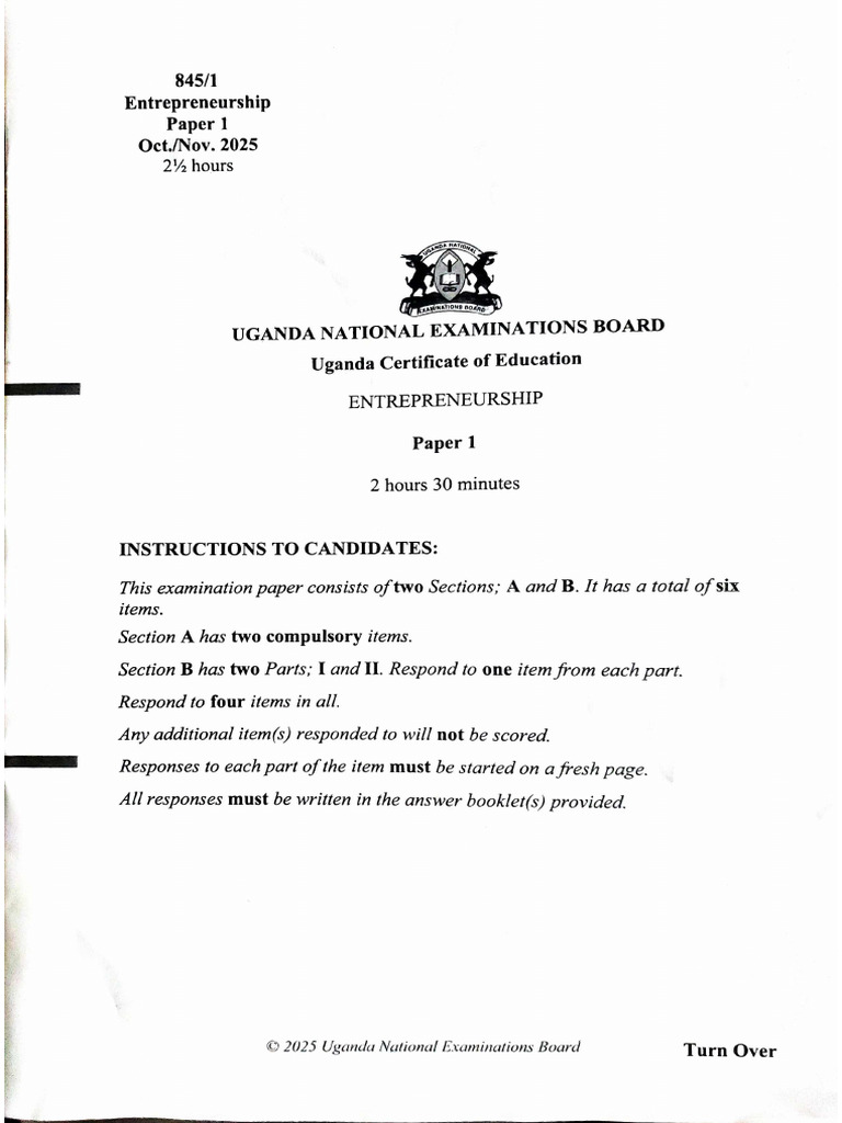 Ent Paper 1 Uneb 2025 | PDF