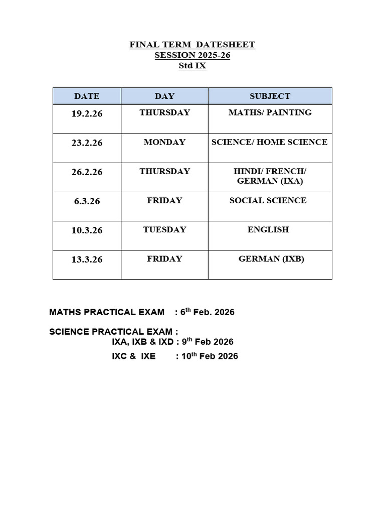 Final Term Examination Datesheet STD Ix | PDF