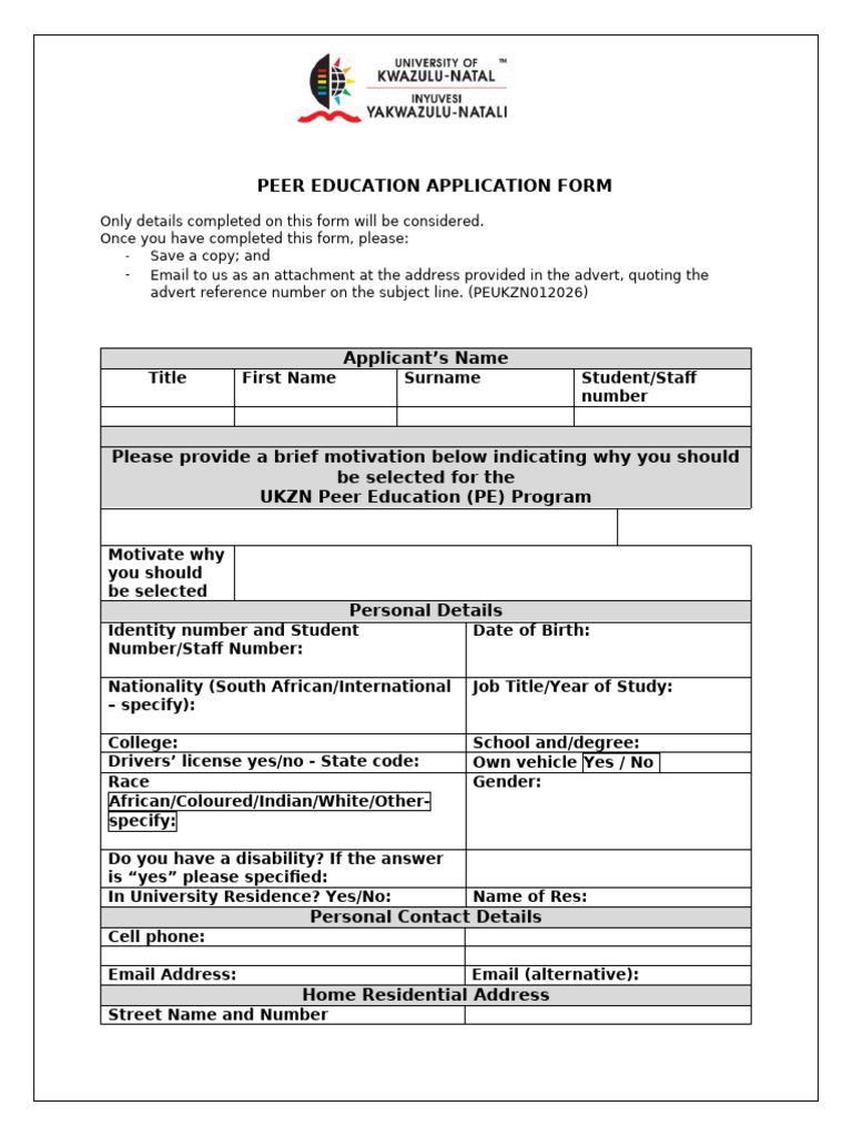 Peer Education Application Form 2026 | PDF