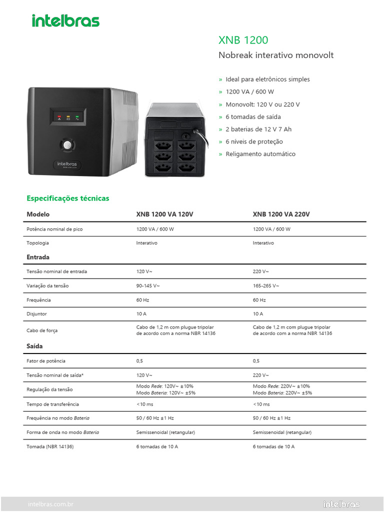Nobreak Interativo Monovolt Intelbras XBN 1200va 120V - Datasheet | PDF ...