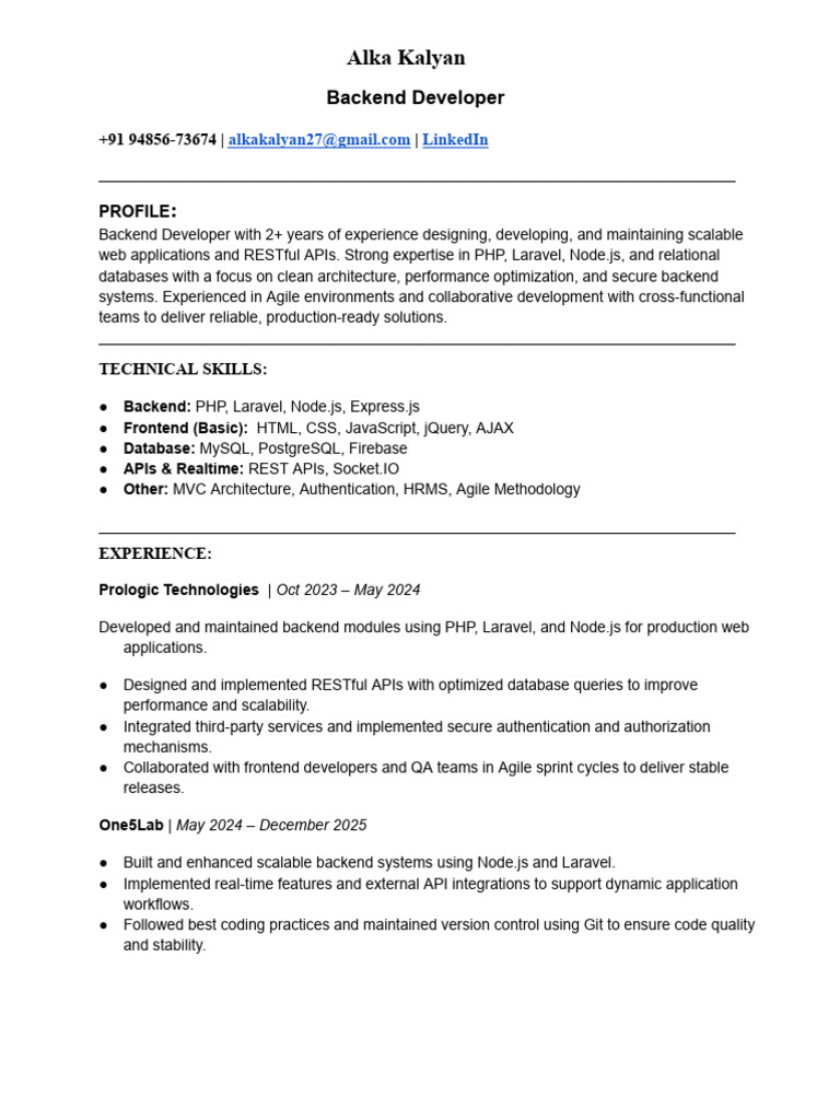 Alka Kalyan Backend Developer 2026-1 | PDF | Information Technology ...