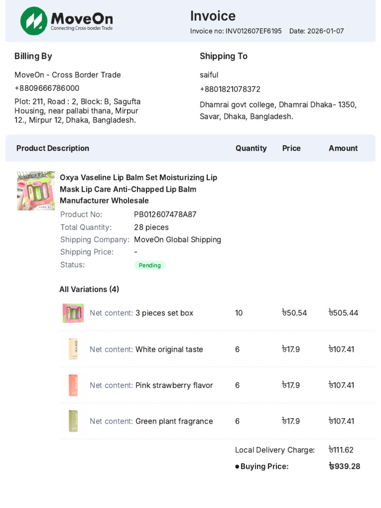 Dashboard - Buy Product - Invoice - MoveOn - Connecting Cross-Border ...