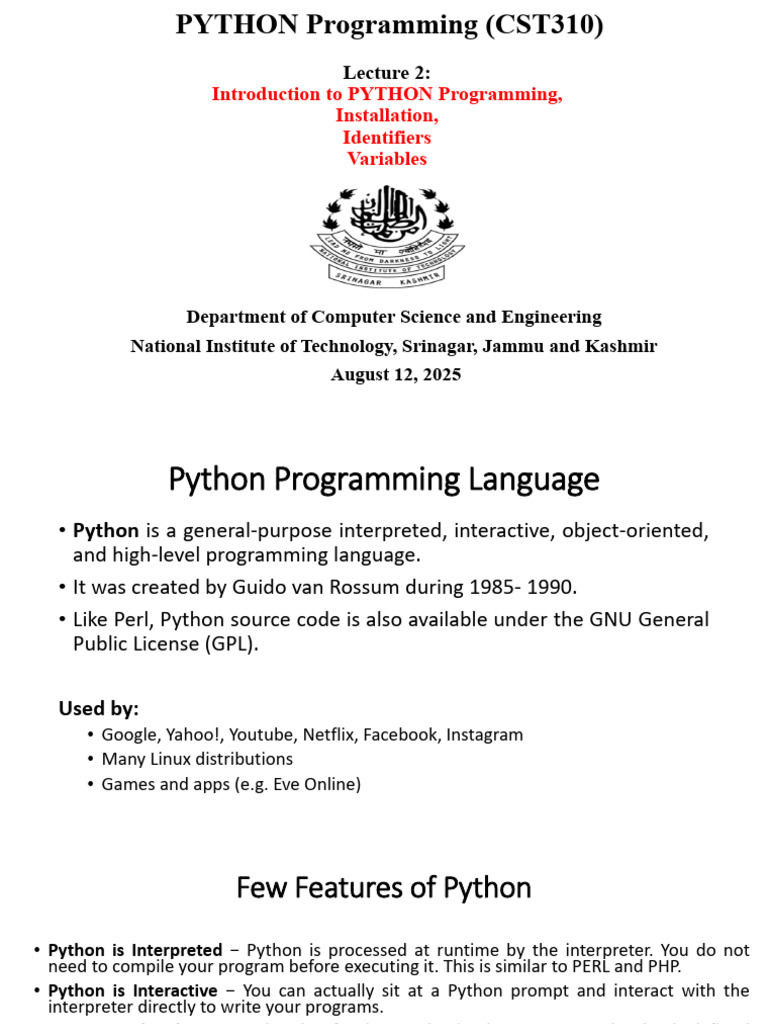 02 Python Intro Installation Identifiers Variables SS | PDF | Python ...