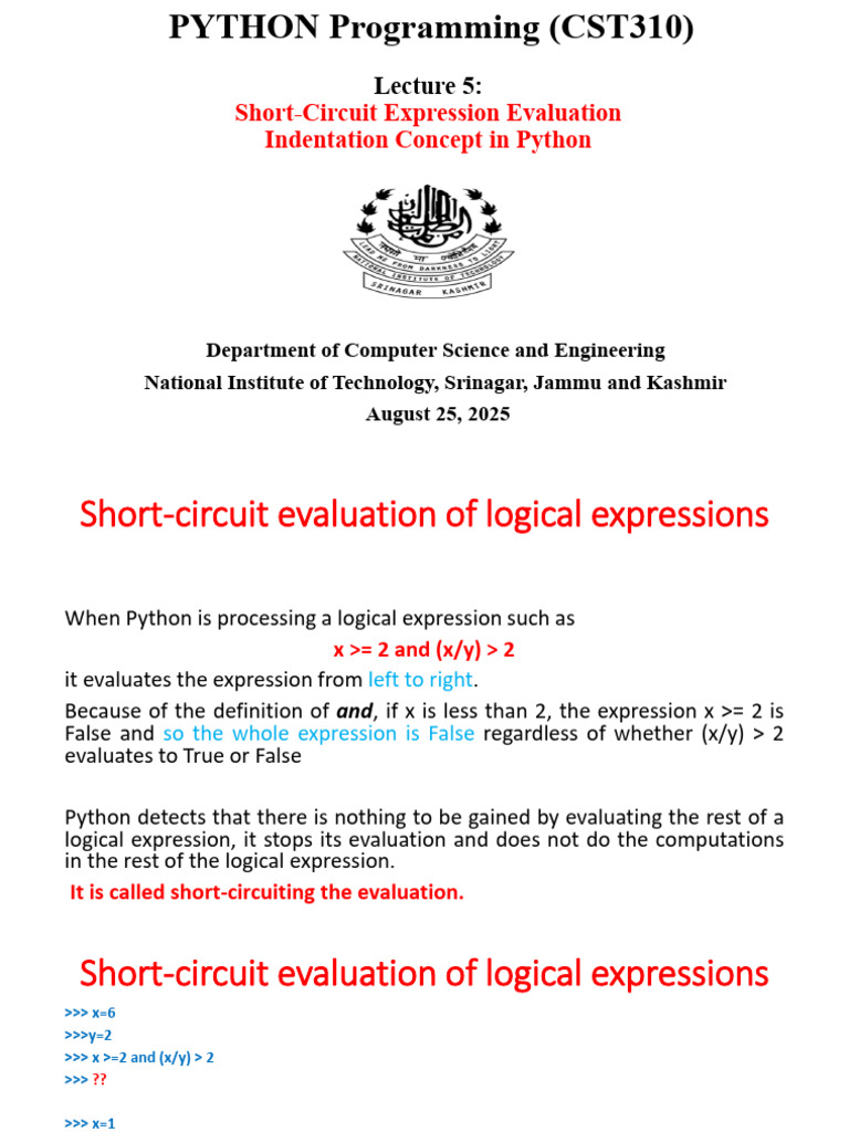 05 Lecture Indentation and Short Circuit Evaluation of Expressions ...
