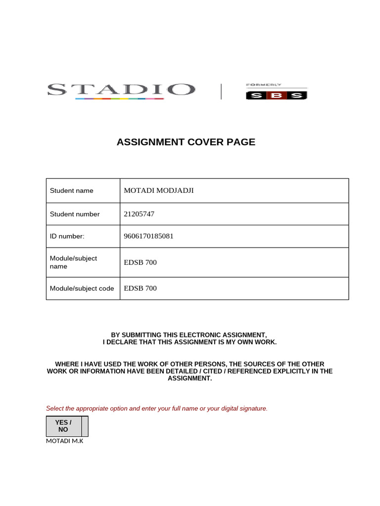 Assignment Cover Page Stadio | PDF