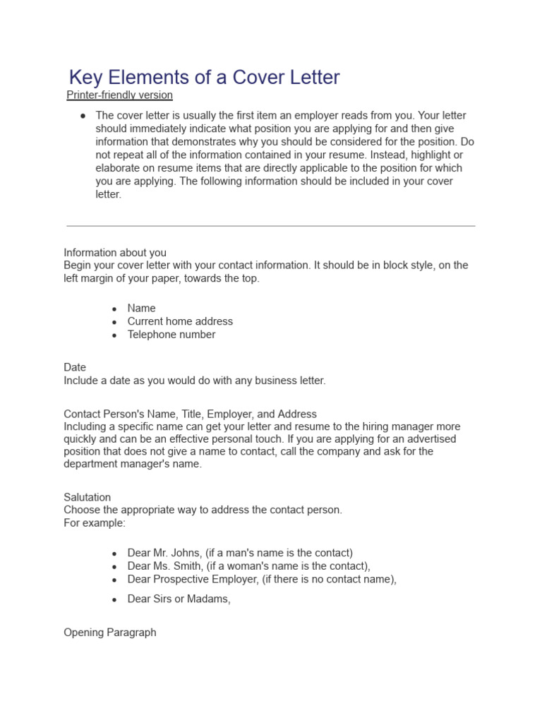Key Elements of A Cover Letter and Example of Letter | PDF | Résumé ...