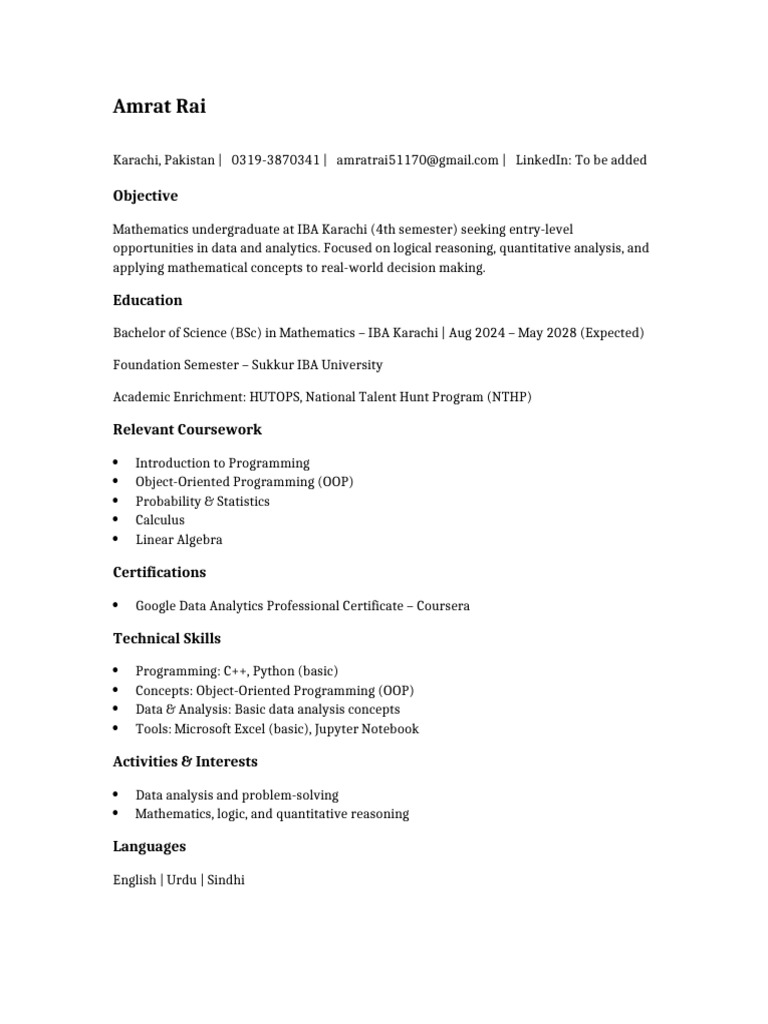 Amrat Rai CV Same Format | PDF