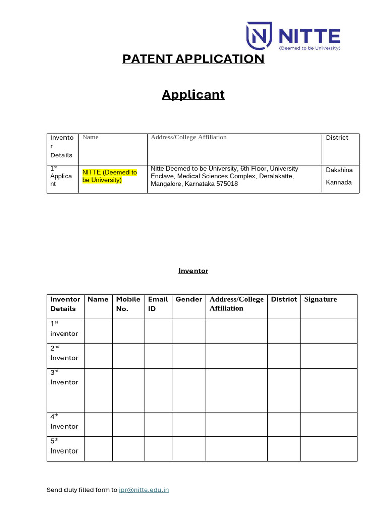 Patent Application Form | PDF | Patent | Invention