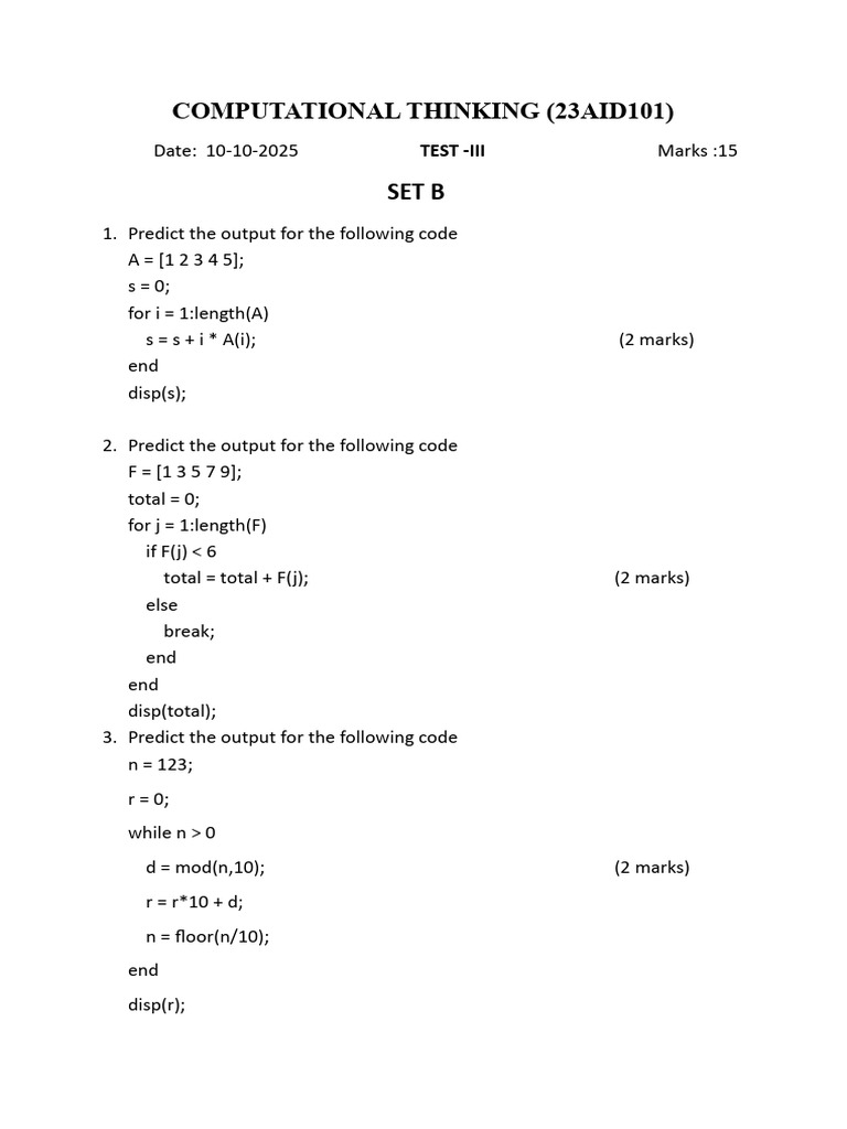 Computational Thinking Test 3 Setb | PDF