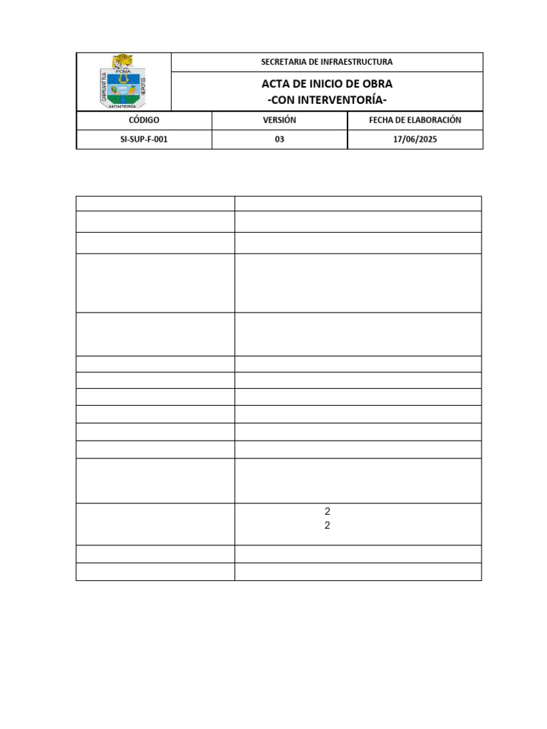 Si-Sup-F-001 Formato Acta de Inicio de Obra Mejoramiento - Fase 1 | PDF ...