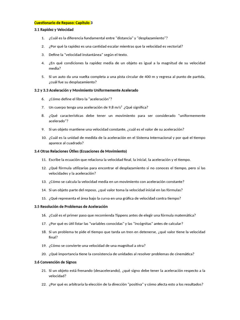 Cuestionario de Repaso - Capitulo 4 | PDF | Velocidad | Aceleración