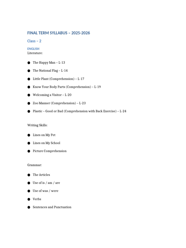 Class-2 Final Term Syllabus (2025-26) | PDF